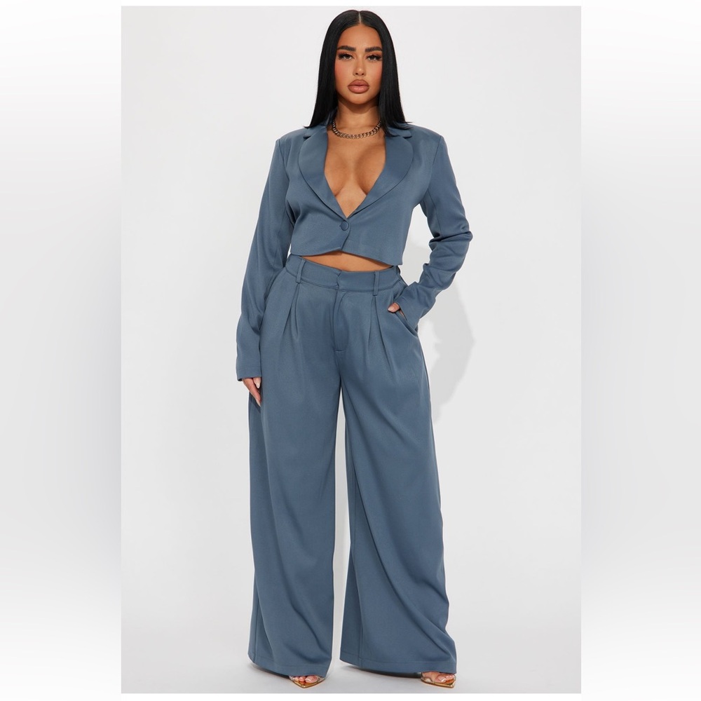 Fashion Nova Blue Cropped Blazer and Pants Two Piece Set